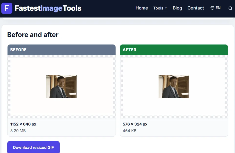 GIF Resizer before and after panels: a 1152 x 648 px GIF of 3.20 MB resized to 576 x 324 px and 464 KB