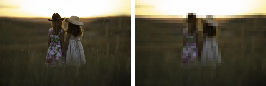 The same photo of two girls in a field shown twice: sharp at high resolution on the left, blocky and blurred at low resolution on the right