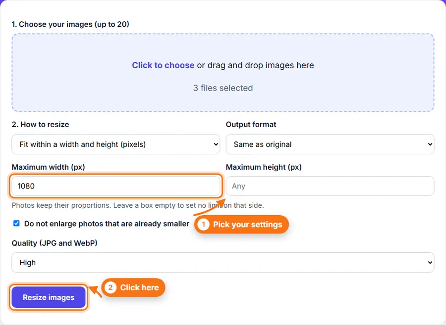 Three photos added to the Bulk Image Resizer with the resize settings shown