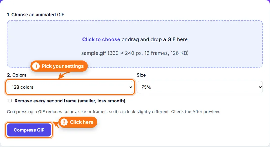 An animated GIF chosen in Compress GIF with color and size settings