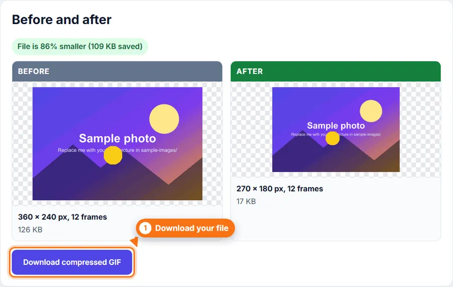 Before and after file sizes of the animated GIF