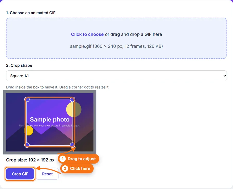 A square crop box over an animated GIF in Crop GIF