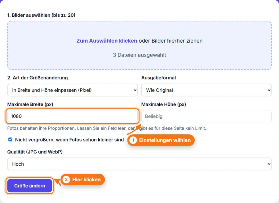 Mehrere Bilder verkleinern: Datei ausgewählt, Einstellungen sichtbar