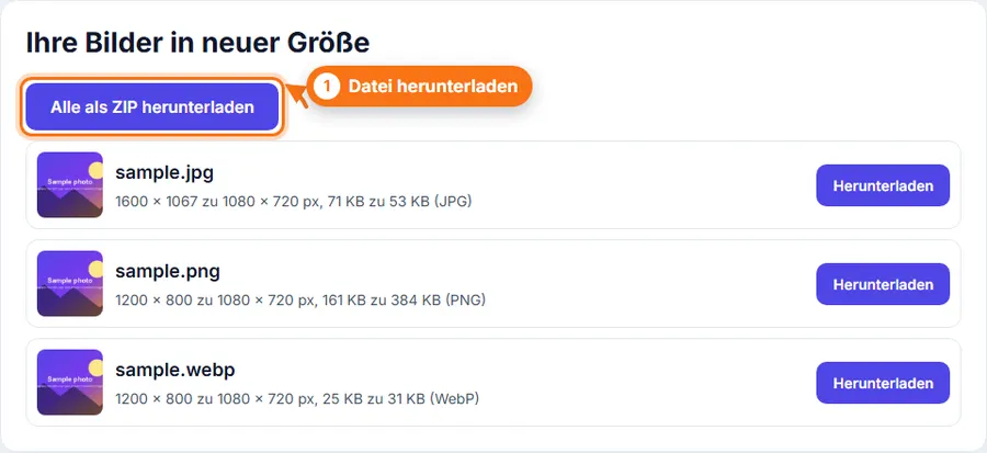 Mehrere Bilder verkleinern: Ergebnis mit Dateigröße und Download-Schaltfläche
