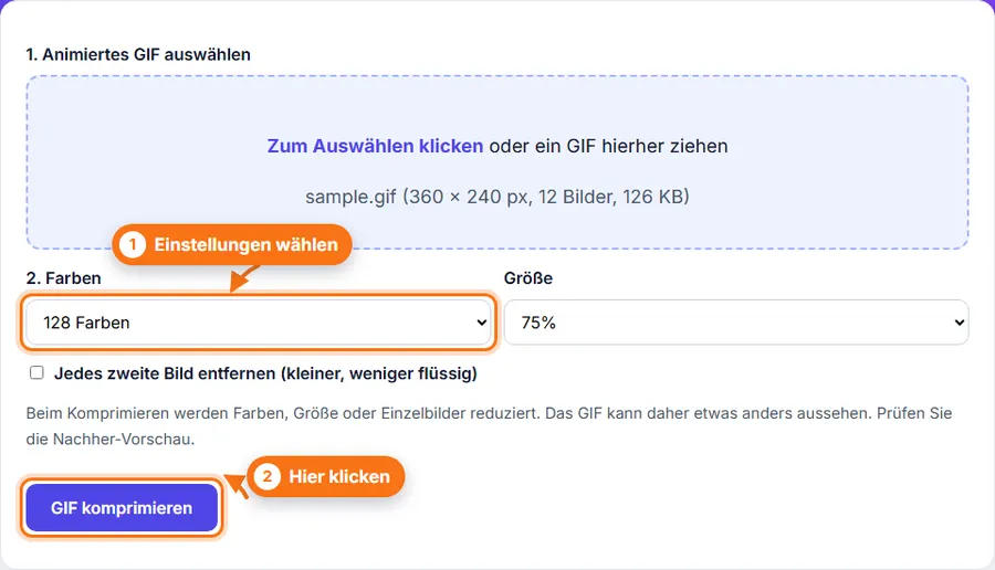 GIF komprimieren: Datei ausgewählt, Einstellungen sichtbar