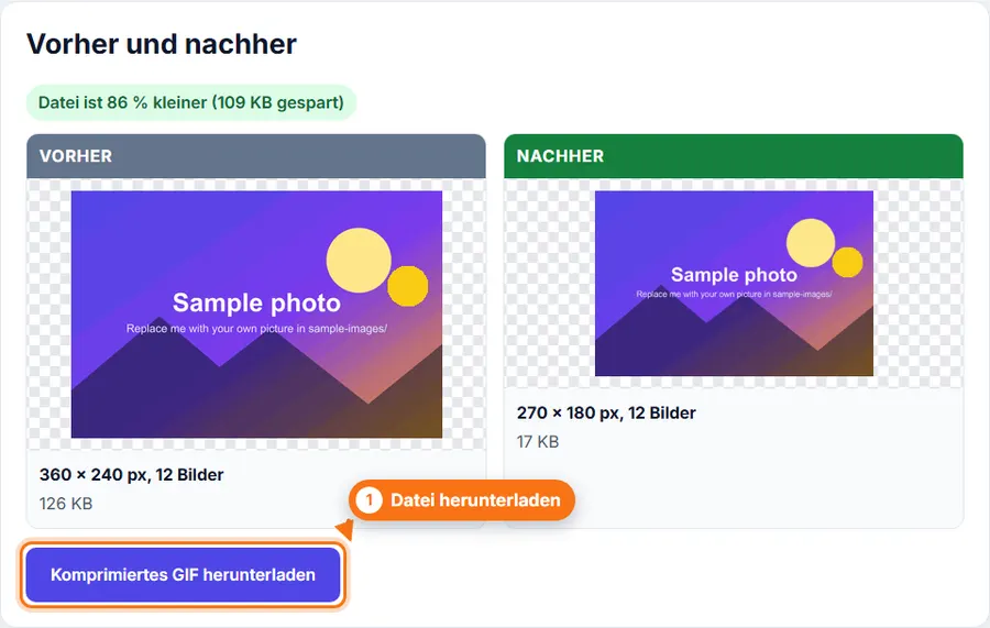 GIF komprimieren: Ergebnis mit Dateigröße und Download-Schaltfläche