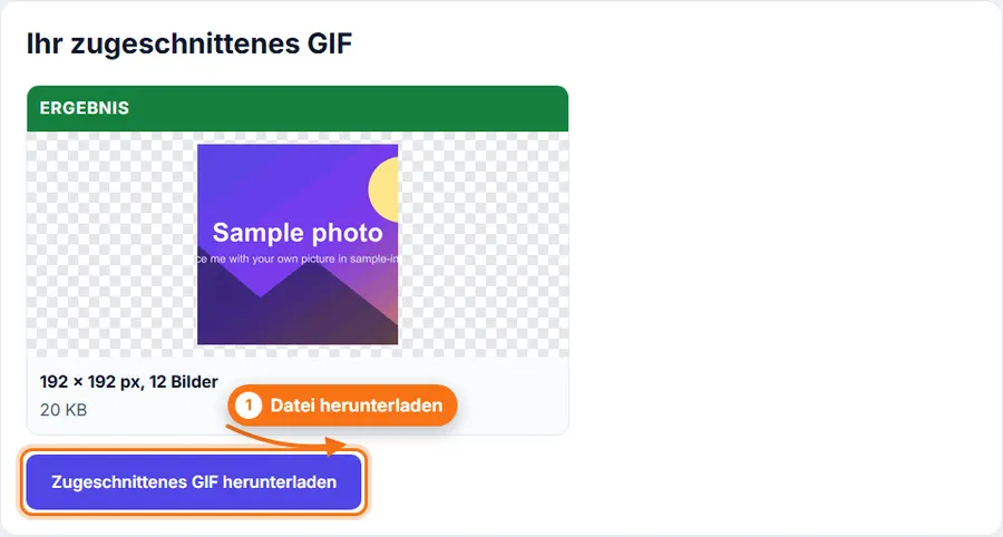 GIF zuschneiden: Ergebnis mit Dateigröße und Download-Schaltfläche