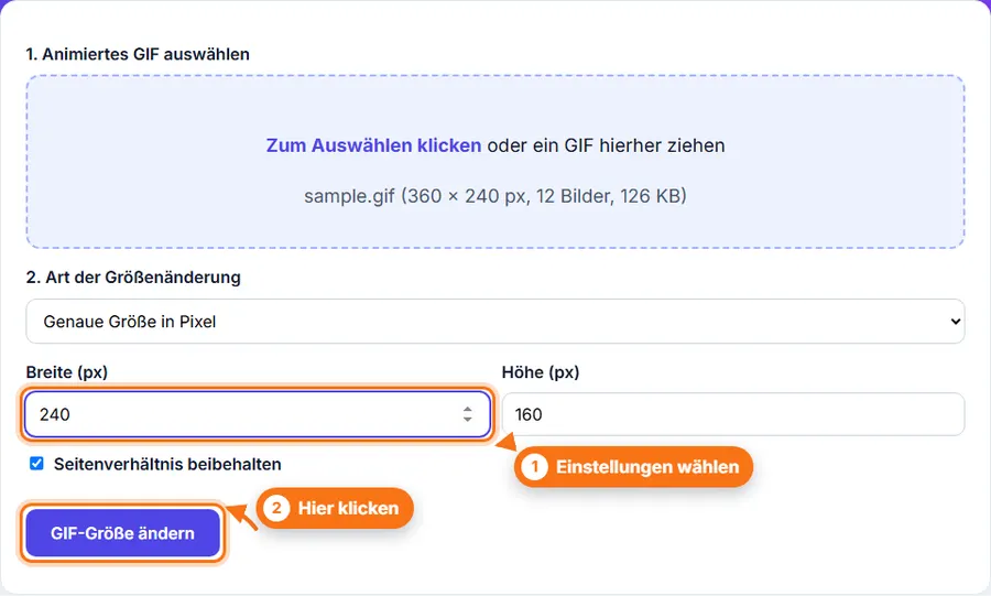 GIF-Größe ändern: Datei ausgewählt, Einstellungen sichtbar