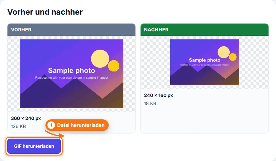 GIF-Größe ändern: Ergebnis mit Dateigröße und Download-Schaltfläche