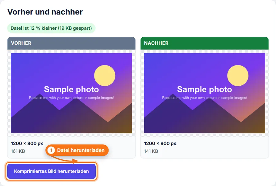 Bilder komprimieren: Ergebnis mit Dateigröße und Download-Schaltfläche