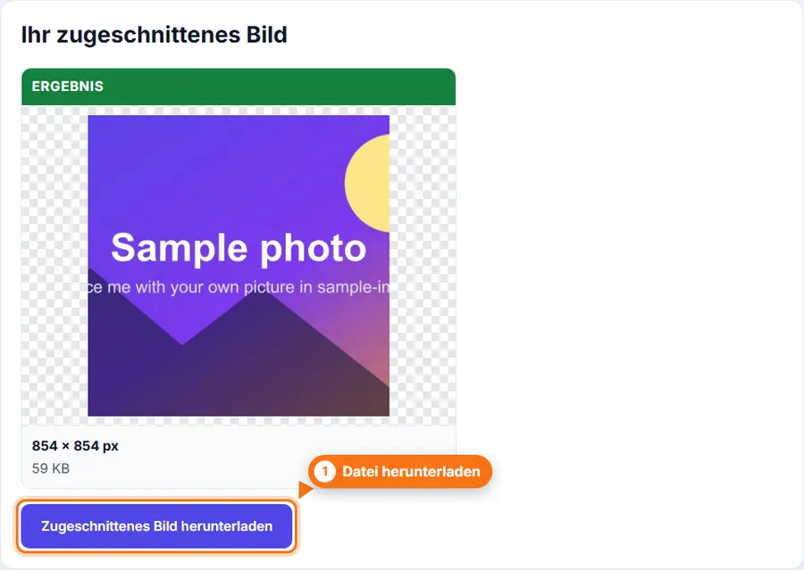Bild zuschneiden: Ergebnis mit Dateigröße und Download-Schaltfläche