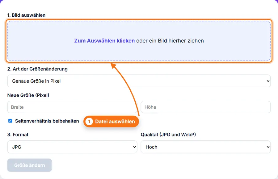 Bildgröße ändern: Upload-Bereich vor der Auswahl einer Datei