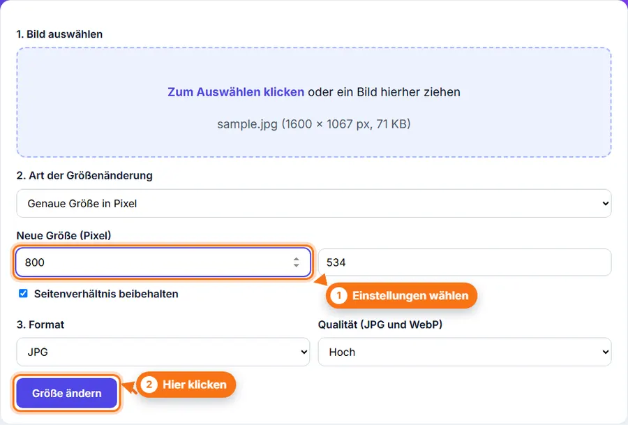 Bildgröße ändern: Datei ausgewählt, Einstellungen sichtbar
