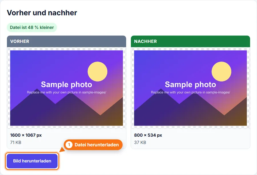 Bildgröße ändern: Ergebnis mit Dateigröße und Download-Schaltfläche