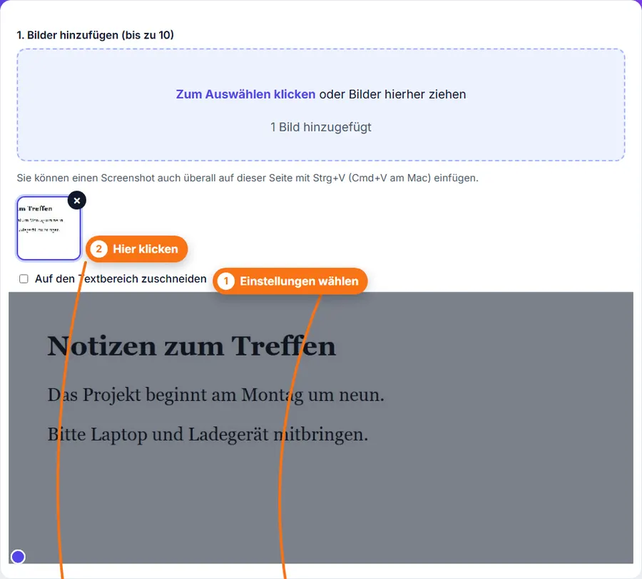 Bild zu Text: Screenshot mit Text hinzugefügt, mit Drehen, Zuschneiden und Sprachauswahl