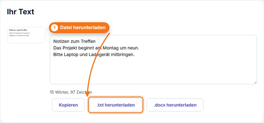 Bild zu Text: erkannter Text in einem bearbeitbaren Feld mit Kopieren und Download als .txt oder .docx