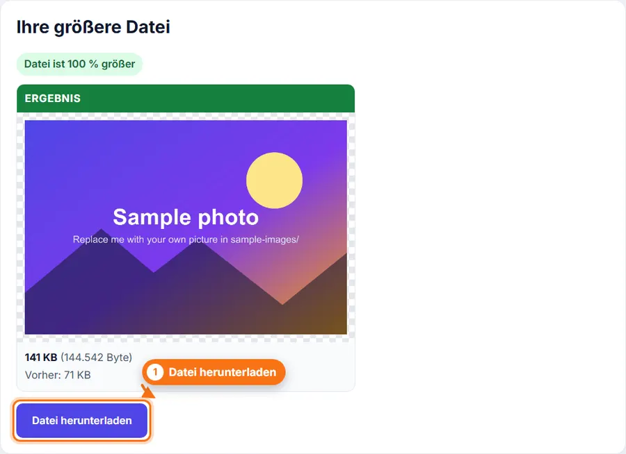 Dateigröße erhöhen: Ergebnis mit Dateigröße und Download-Schaltfläche