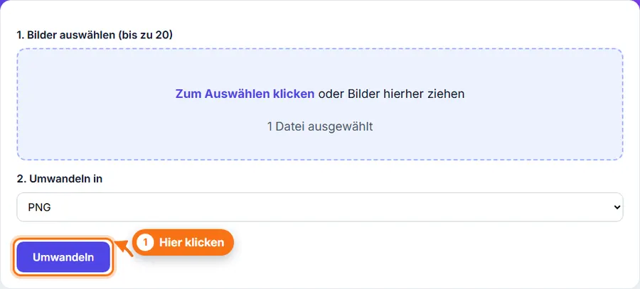 JPG in PNG: Datei ausgewählt, Einstellungen sichtbar