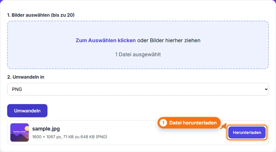 JPG in PNG: Ergebnis mit Dateigröße und Download-Schaltfläche