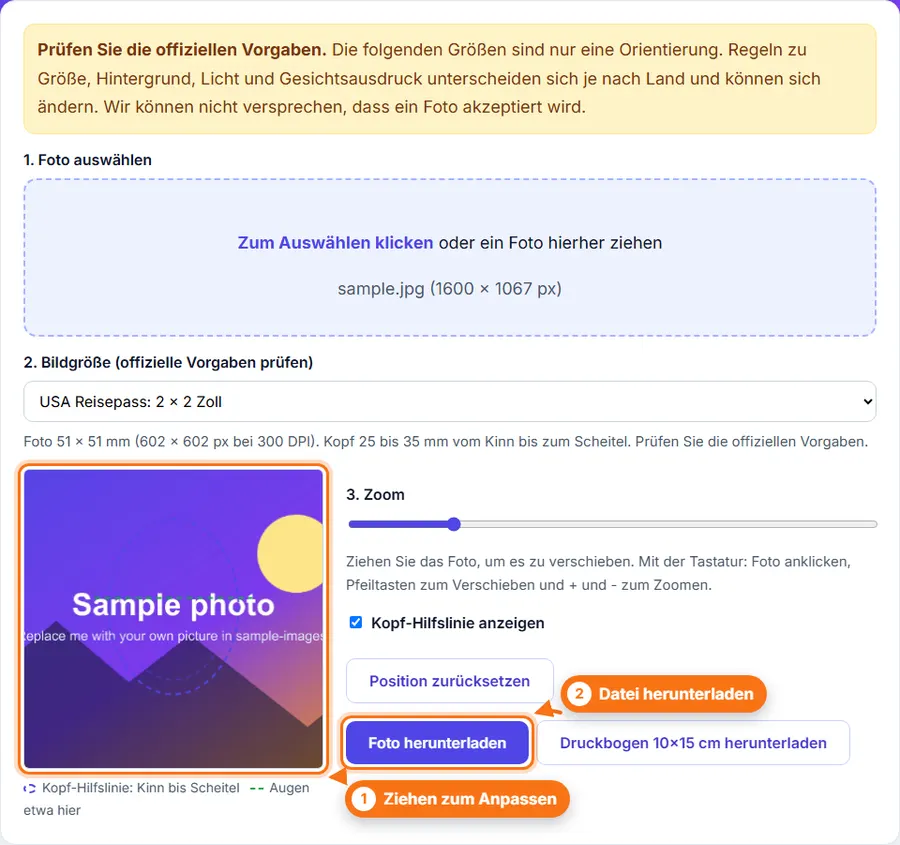 Passbild erstellen: Datei ausgewählt, Einstellungen sichtbar