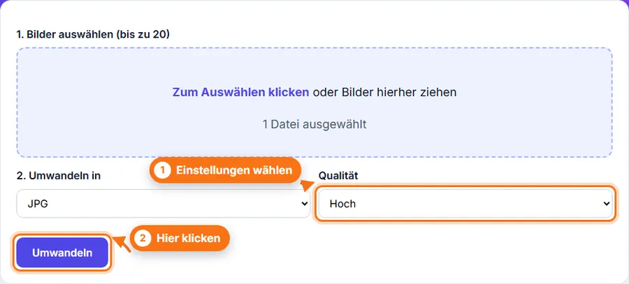 PNG in JPG: Datei ausgewählt, Einstellungen sichtbar