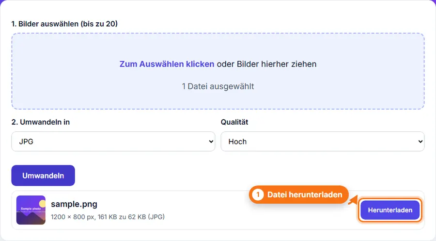 PNG in JPG: Ergebnis mit Dateigröße und Download-Schaltfläche