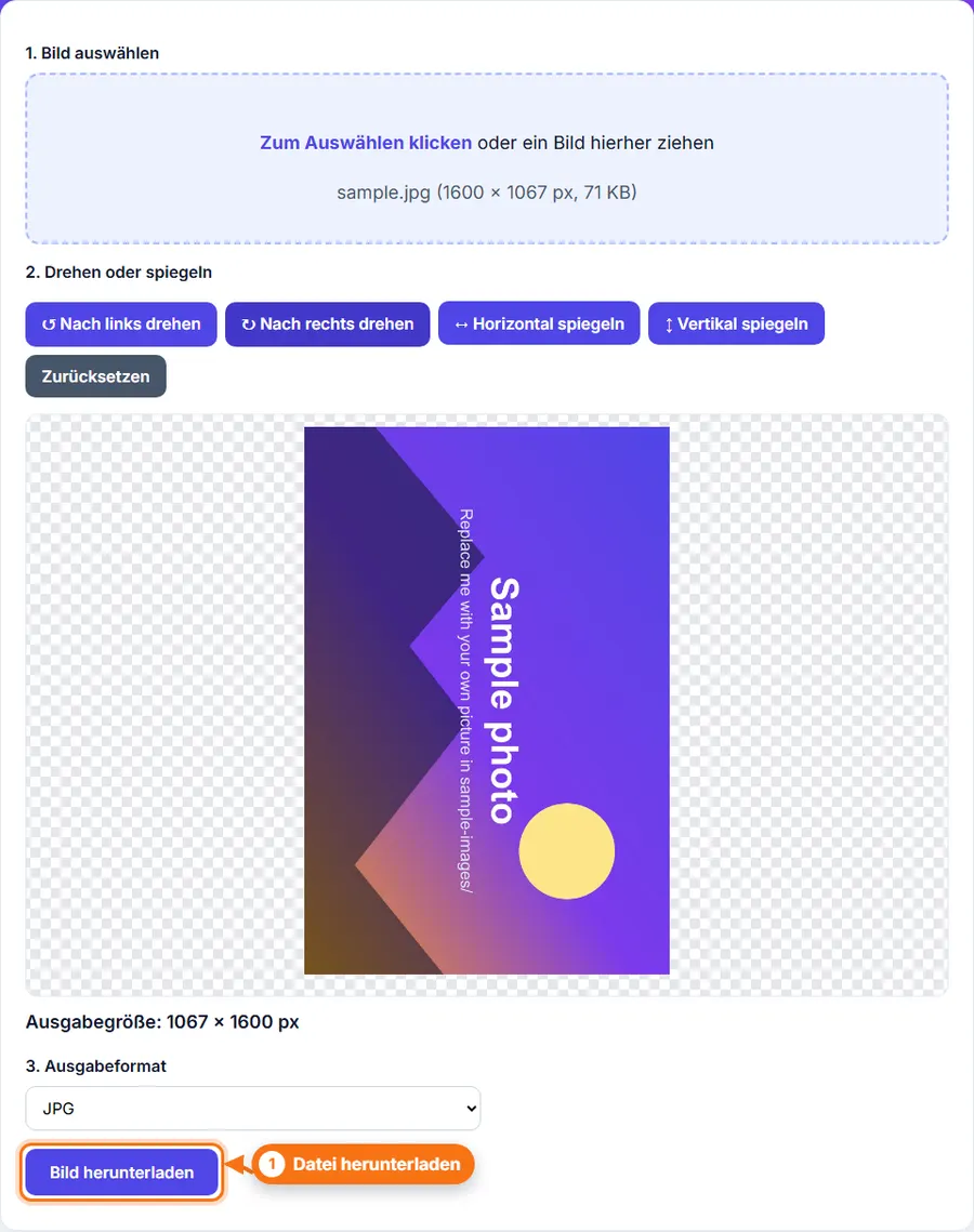 Bild drehen und spiegeln: Ergebnis mit Dateigröße und Download-Schaltfläche