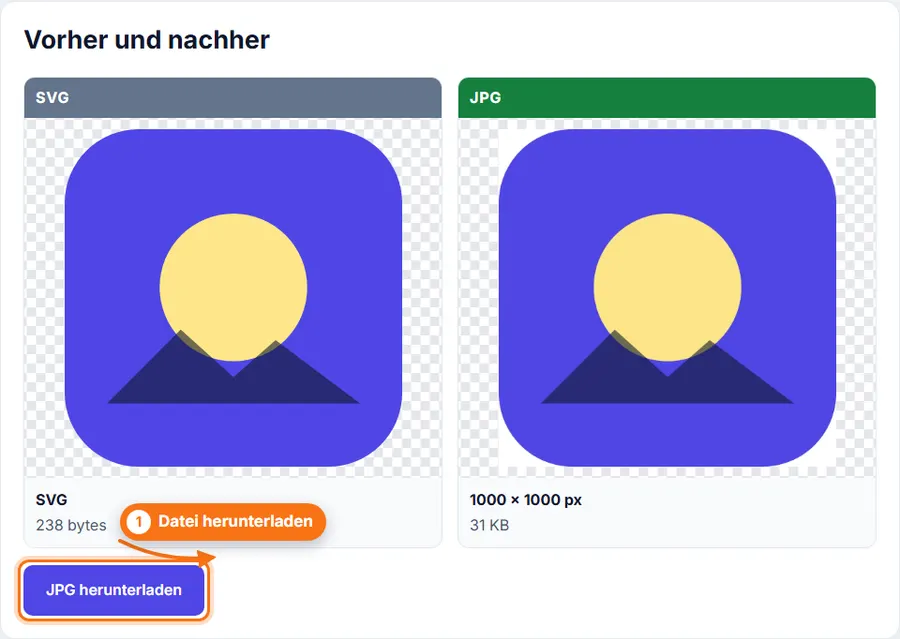 SVG in JPG: Ergebnis mit Dateigröße und Download-Schaltfläche