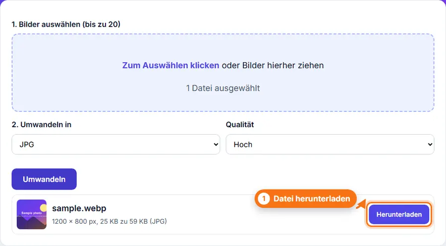 WebP in JPG: Ergebnis mit Dateigröße und Download-Schaltfläche