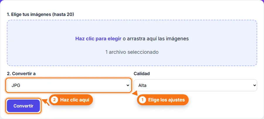 Convertir imágenes: archivo elegido con los ajustes a la vista