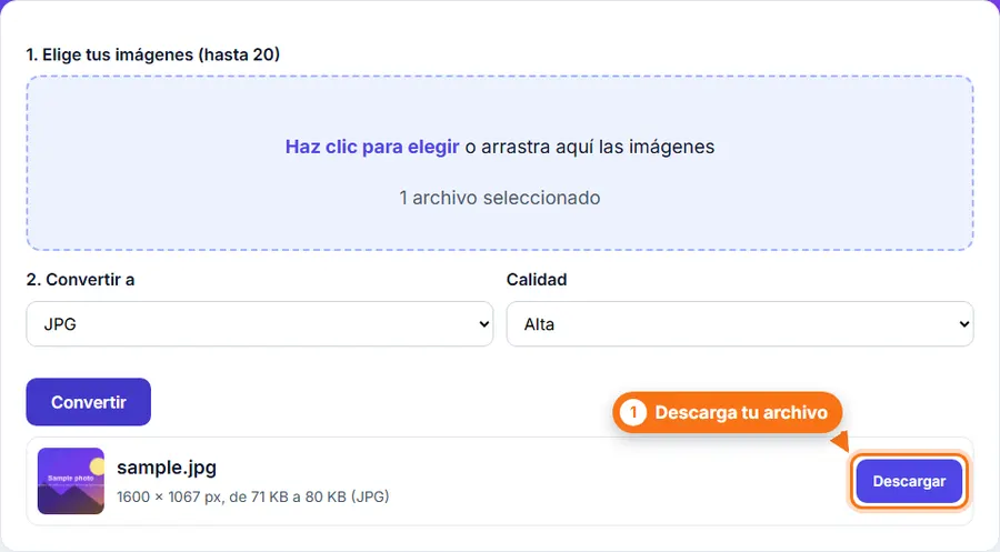 Convertir imágenes: resultado con el peso del archivo y el botón de descarga