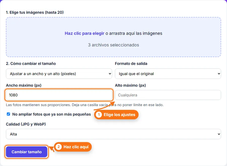 Redimensionar por lotes: archivo elegido con los ajustes a la vista