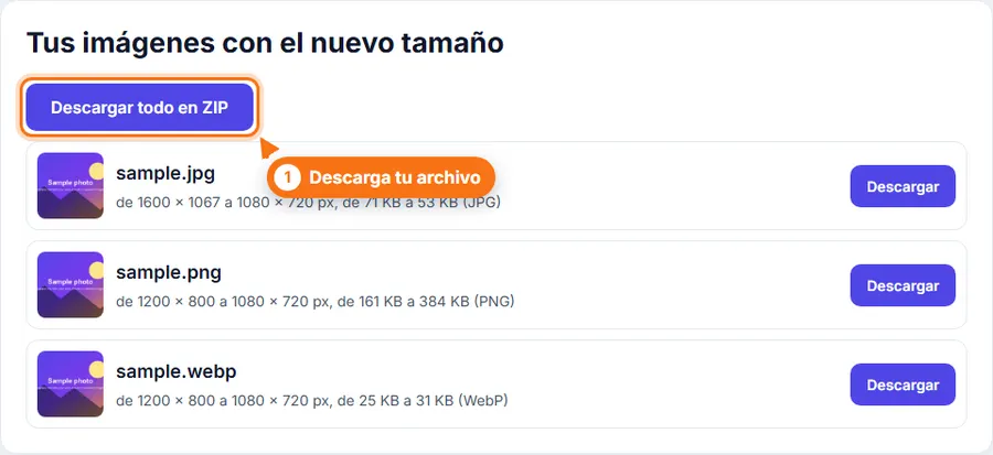 Redimensionar por lotes: resultado con el peso del archivo y el botón de descarga