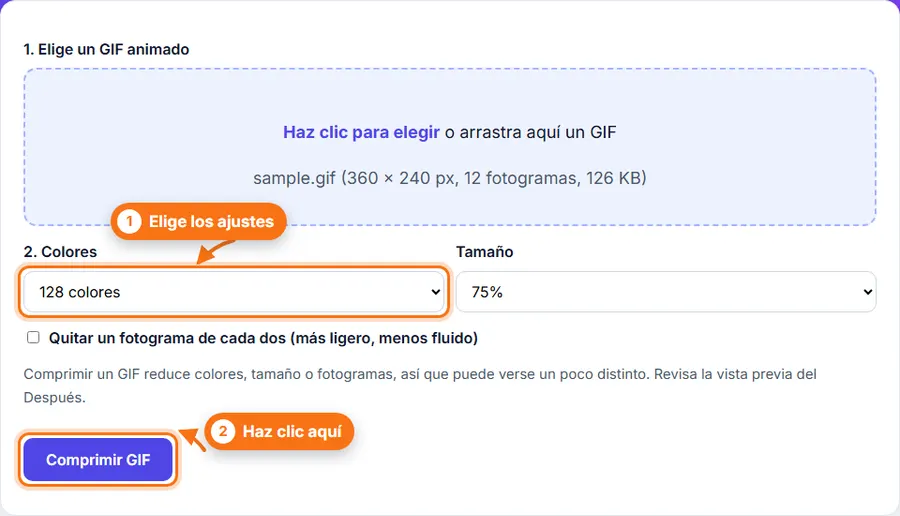 Comprimir GIF: archivo elegido con los ajustes a la vista