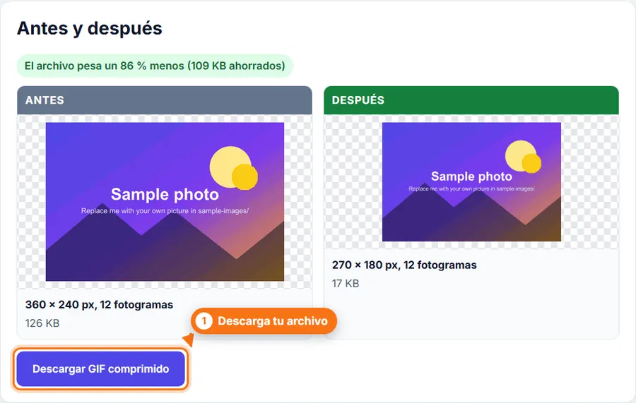 Comprimir GIF: resultado con el peso del archivo y el botón de descarga