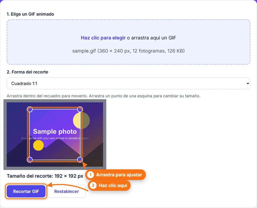 Recortar GIF: archivo elegido con los ajustes a la vista