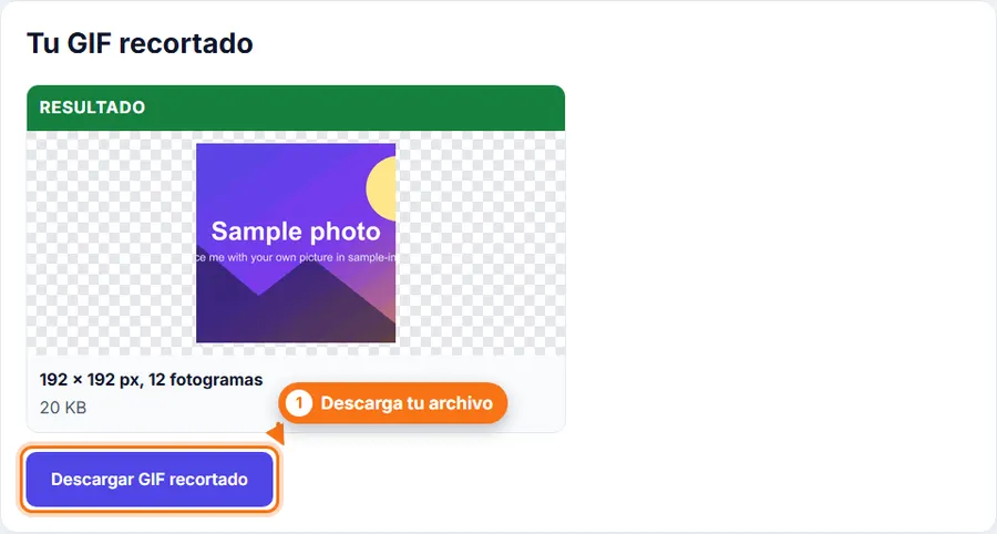 Recortar GIF: resultado con el peso del archivo y el botón de descarga