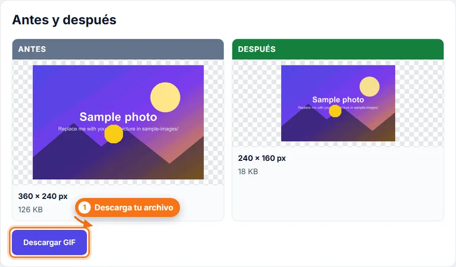 Cambiar tamaño de GIF: resultado con el peso del archivo y el botón de descarga