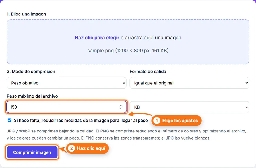 Comprimir imagen: archivo elegido con los ajustes a la vista
