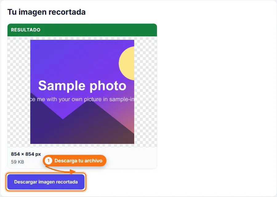 Recortar imagen: resultado con el peso del archivo y el botón de descarga