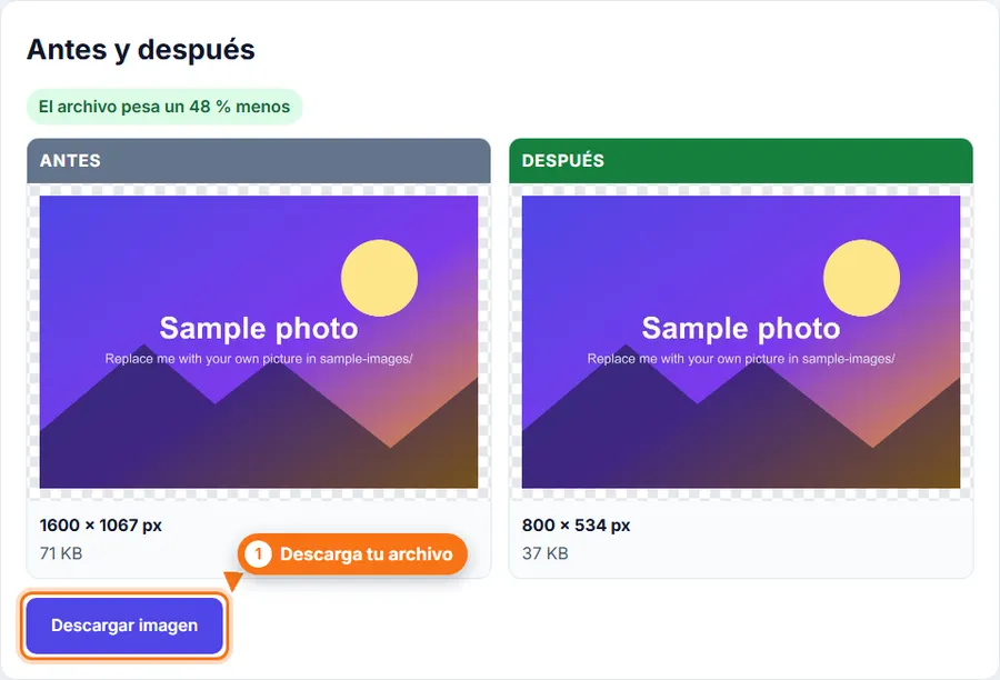 Cambiar tamaño de imagen: resultado con el peso del archivo y el botón de descarga