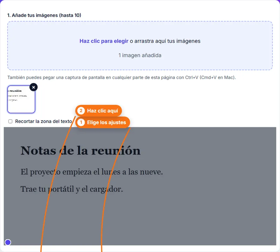 Imagen a texto: captura con texto añadida, con giro, recorte e idioma