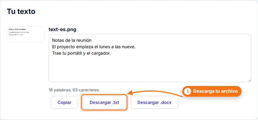 Imagen a texto: texto leído en un cuadro editable con Copiar y descarga en .txt o .docx
