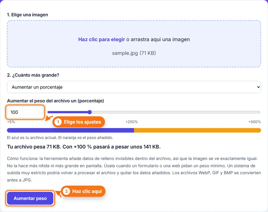 Aumentar peso de imagen: archivo elegido con los ajustes a la vista