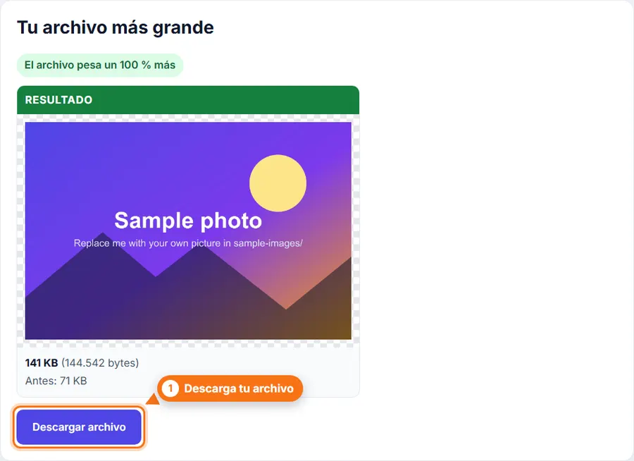 Aumentar peso de imagen: resultado con el peso del archivo y el botón de descarga