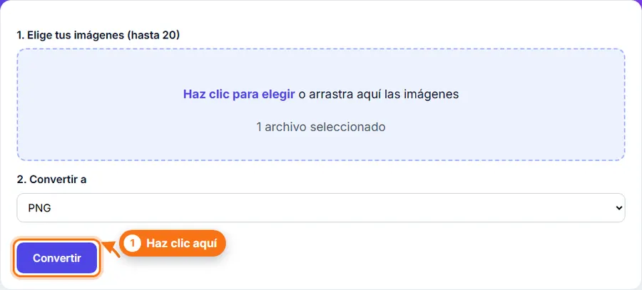JPG a PNG: archivo elegido con los ajustes a la vista