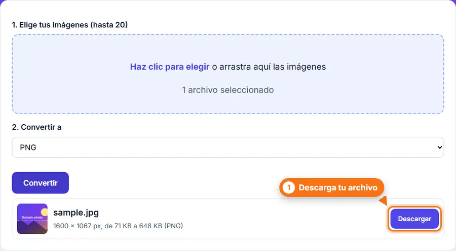 JPG a PNG: resultado con el peso del archivo y el botón de descarga