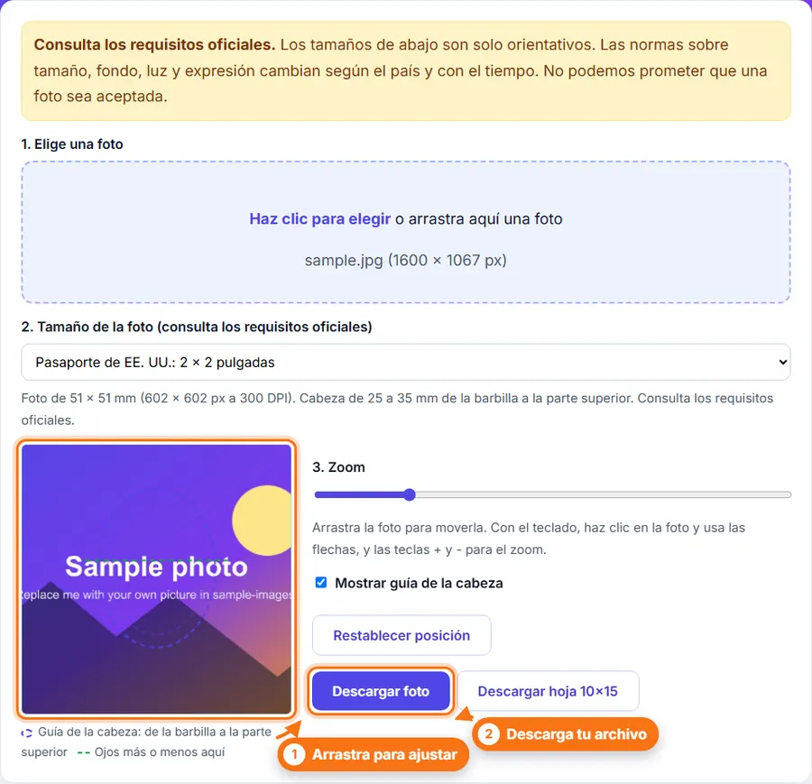 Foto de pasaporte: archivo elegido con los ajustes a la vista