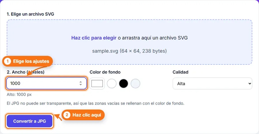 SVG a JPG: archivo elegido con los ajustes a la vista