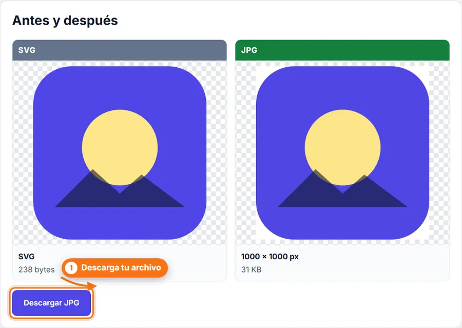 SVG a JPG: resultado con el peso del archivo y el botón de descarga